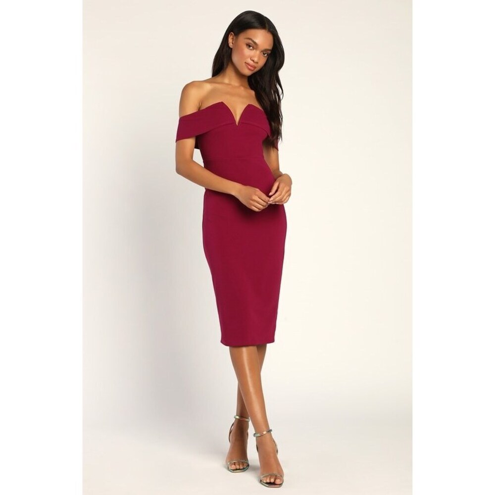 Lulus My Favorite Night Magenta Off-the-shoulder Bodycon Midi Dress Purple